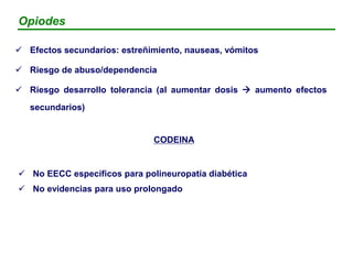 Fármaco Beneficio Comentarios
Codeina
- NO EECC específicos para dolor neuropático
diabético
Oxicodona
- Buena evidencia p...