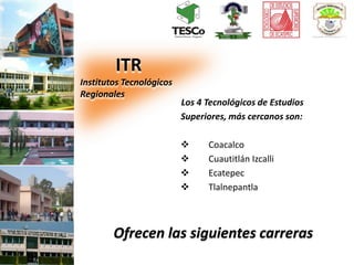 Los 4 Tecnológicos de Estudios 
Superiores, más cercanos son: 
 Coacalco 
 Cuautitlán Izcalli 
 Ecatepec 
 Tlalnepantla 
ITR 
Institutos Tecnológicos 
Regionales 
Ofrecen las siguientes carreras 
 