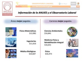 Información de la ANUIES y el Observatorio Laboral 
Áreas mejor pagadas. Carreras mejor pagadas. 
Físico-Matemáticas 
$12,082 
Ingenierías 
$11,016 
Médico Biológicas 
$10,687 
Ciencias Ambientales 
$16,841 
Medicina Física y 
Rehabilitación Integral 
$16,651 
Física 
$16,473 
 