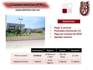 Convocatorias IPN 
REQUISITOS: 
• Elegir 3 carreras 
• Promedio mínimo de 7.0 
• Pago por examen de $235 
• Aprobar examen 
www.admision.ipn.mx 
Convocatoria Registro Examen Resultado 
Primer proceso 13 Marzo 
14 Marzo al 
1 Abril 
28 ó 29 
Mayo 
21 Julio 
Segundo proceso 1 Agosto 
4 al 5 
Agosto 
6 Agosto 11 Agosto 
 