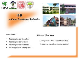 ITR 
Institutos Tecnológicos Regionales 
La integran: 
• Tecnológico de Coacalco. 
• Tecnológico de C. Izcalli. 
• Tecnológico de Ecatepec. 
• Tecnológico de Tlalnepantla. 
Ofrecen: 15 carreras 
12 Ingenierías (Área Físico-Matemáticas) 
3 Licenciaturas (Área Ciencias Sociales) 
 