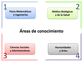 1 2 
Físico Matemáticas 
e Ingenierías 
Áreas de conocimiento 
Ciencias Sociales 
y Administrativas 
Médico Biológicas 
y de la Salud 
Humanidades 
y Artes 
3 4 
 