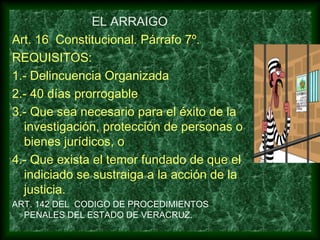 EL ARRAIGO
Art. 16 Constitucional. Párrafo 7º.
REQUISITOS:
1.- Delincuencia Organizada
2.- 40 días prorrogable
3.- Que sea necesario para el éxito de la
investigación, protección de personas o
bienes jurídicos, o
4.- Que exista el temor fundado de que el
indiciado se sustraiga a la acción de la
justicia.
ART. 142 DEL CODIGO DE PROCEDIMIENTOS
PENALES DEL ESTADO DE VERACRUZ.
 
