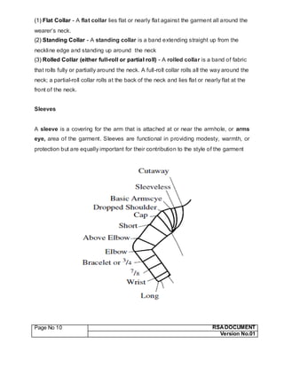 Page No 10 RSA DOCUMENT
Version No.01
(1) Flat Collar - A flat collar lies flat or nearly flat against the garment all around the
wearer’s neck.
(2) Standing Collar - A standing collar is a band extending straight up from the
neckline edge and standing up around the neck
(3) Rolled Collar (either full-roll or partial roll) - A rolled collar is a band of fabric
that rolls fully or partially around the neck. A full-roll collar rolls all the way around the
neck; a partial-roll collar rolls at the back of the neck and lies flat or nearly flat at the
front of the neck.
Sleeves
A sleeve is a covering for the arm that is attached at or near the armhole, or arms
eye, area of the garment. Sleeves are functional in providing modesty, warmth, or
protection but are equally important for their contribution to the style of the garment
 