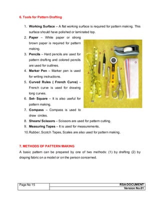 Page No 15 RSA DOCUMENT
Version No.01
6. Tools for Pattern Drafting
1. Working Surface – A flat working surface is required for pattern making. This
surface should have polished or laminated top.
2. Paper – White paper or strong
brown paper is required for pattern
making.
3. Pencils – Hard pencils are used for
pattern drafting and colored pencils
are used for outlines.
4. Marker Pen – Marker pen is used
for writing instructions.
5. Curved Rules ( French Curve) –
French curve is used for drawing
long curves.
6. Set- Square – It is also useful for
pattern making.
7. Compass – Compass is used to
draw circles.
8. Shears/ Scissors – Scissors are used for pattern cutting.
9. Measuring Tapes – It is used for measurements.
10.Rubber, Scotch Tapes, Scales are also used for pattern making.
7. METHODS OF PATTERN MAKING
A basic pattern can be prepared by one of two methods: (1) by drafting (2) by
draping fabric on a model or on the person concerned.
 