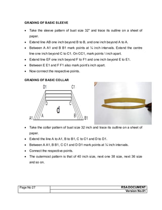 Page No 27 RSA DOCUMENT
Version No.01
GRADING OF BASIC SLEEVE
 Take the sleeve pattern of bust size 32" and trace its outline on a sheet of
paper.
 Extend line AB one inch beyond B to B, and one inch beyond A to A.
 Between A A1 and B B1 mark points at ¼ inch intervals. Extend the centre
line one inch beyond C to C1. On CC1, mark points  inch apart.
 Extend line EF one inch beyond F to F1 and one inch beyond E to E1.
 Between E E1 and F F1 also mark point’s inch apart.
 Now connect the respective points.
GRADING OF BASIC COLLAR
 Take the collar pattern of bust size 32 inch and trace its outline on a sheet of
paper.
 Extend the line A to A1, B to B1, C to C1 and D to D1.
 Between A A1, B B1, C C1 and D D1 mark points at ¼ inch intervals.
 Connect the respective points.
 The outermost pattern is that of 40 inch size, next one 38 size, next 36 size
and so on.
 