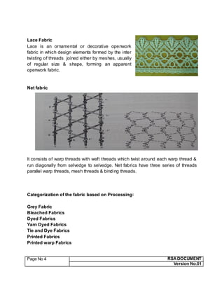Page No 4 RSA DOCUMENT
Version No.01
Lace Fabric
Lace is an ornamental or decorative openwork
fabric in which design elements formed by the inter
twisting of threads joined either by meshes, usually
of regular size & shape, forming an apparent
openwork fabric.
Net fabric
It consists of warp threads with weft threads which twist around each warp thread &
run diagonally from selvedge to selvedge. Net fabrics have three series of threads
parallel warp threads, mesh threads & binding threads.
Categorization of the fabric based on Processing:
Grey Fabric
Bleached Fabrics
Dyed Fabrics
Yarn Dyed Fabrics
Tie and Dye Fabrics
Printed Fabrics
Printed warp Fabrics
 
