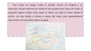 Son trazos sin ningún orden ni sentido. Varían en longitud y en
dirección, incluso mientras los realiza el niño puede mirar hacia otro lado. El
pequeño sujeta el lápiz como mejor le viene; con toda la mano, desde la
punta, con dos dedos, e incluso a veces del revés, pero generalmente
ejerciendo mucha presión sobre el papel.
 