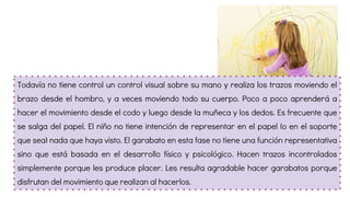 Todavía no tiene control un control visual sobre su mano y realiza los trazos moviendo el
brazo desde el hombro, y a veces moviendo todo su cuerpo. Poco a poco aprenderá a
hacer el movimiento desde el codo y luego desde la muñeca y los dedos. Es frecuente que
se salga del papel. El niño no tiene intención de representar en el papel (o en el soporte
que sea) nada que haya visto. El garabato en esta fase no tiene una función representativa
sino que está basada en el desarrollo físico y psicológico. Hacen trazos incontrolados
simplemente porque les produce placer. Les resulta agradable hacer garabatos porque
disfrutan del movimiento que realizan al hacerlos.
 