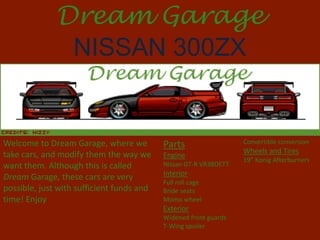 Dream Garage
               NISSAN 300ZX


Welcome to Dream Garage, where we          Parts                  Convertible conversion
take cars, and modify them the way we                             Wheels and Tires
                                           Engine
                                                                  19” Konig Afterburners
want them. Although this is called         Nissan GT-R VR38DETT
Dream Garage, these cars are very          Interior
                                           Full roll cage
possible, just with sufficient funds and   Bride seats
time! Enjoy                                Momo wheel
                                           Exterior
                                           Widened front guards
                                           T-Wing spoiler
 