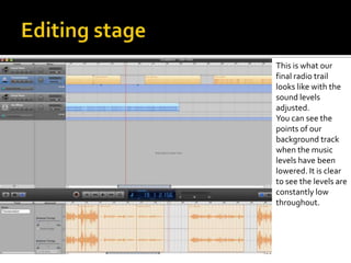 This is what our
final radio trail
looks like with the
sound levels
adjusted.
You can see the
points of our
background track
when the music
levels have been
lowered. It is clear
to see the levels are
constantly low
throughout.
 