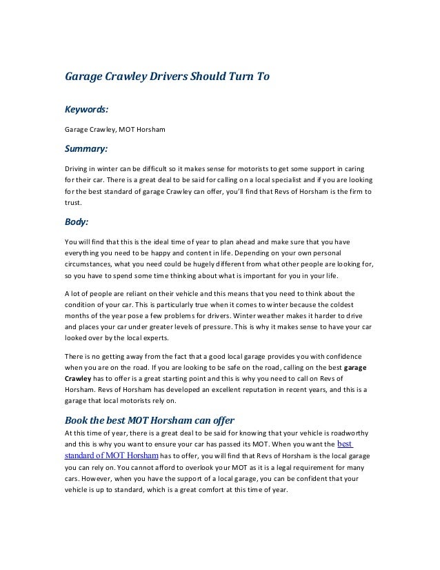 Garage Crawley Drivers Should Turn To