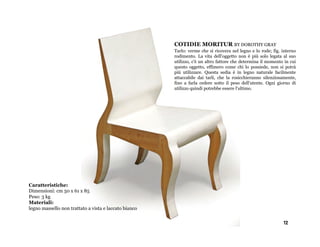COTIDIE MORITUR BY DOROTHY GRAY
                                                       Tarlo: verme che si ricovera nel legno e lo rode; fig. interno
                                                       rodimento. La vita dell'oggetto non è più solo legata al suo
                                                       utilizzo, c'è un altro fattore che determina il momento in cui
                                                       questo oggetto, effimero come chi lo possiede, non si potrà
                                                       più utilizzare. Questa sedia è in legno naturale facilmente
                                                       attaccabile dai tarli, che la rosicchieranno silenziosamente,
                                                       fino a farla cedere sotto il peso dell'utente. Ogni giorno di
                                                       utilizzo quindi potrebbe essere l'ultimo.




Caratteristiche:
Dimensioni: cm 50 x 61 x 85
Peso: 3 kg
Materiali:
legno massello non trattato a vista e laccato bianco


                                                                                                              12
 