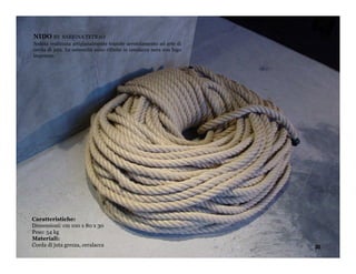 NIDO BY      SABRINA TETRAO
Seduta realizzata artigianalmente tramite arrotolamento ad arte di
corda di juta. Le estremità sono rifinite in ceralacca nera con logo
impresso.




Caratteristiche:
Dimensioni: cm 100 x 80 x 30
Peso: 54 kg
Materiali:
Corda di juta grezza, ceralacca                                        30
 