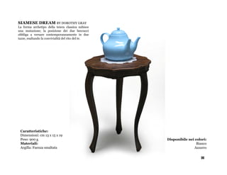 SIAMESE DREAM BY DOROTHY GRAY
La forma archetipo della teiera classica subisce
una mutazione; la posizione dei due beccucci
obbliga a versare contemporaneamente in due
tazze, esaltando la convivialità del rito del te.




 Caratteristiche:
 Dimensioni: cm 13 x 15 x 19
 Peso: 900 g                                        Disponibile nei colori:
 Materiali:                                                          Bianco
 Argilla: Faenza smaltata                                           Azzurro

                                                                       36
 
