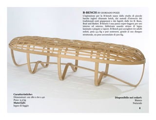 B-BENCH BY GIORDANO POZZI
                               L'ispirazione per la B-bench nasce dallo studio di piccole
                               barche inglesi chiamate ketch, dai metodi d'intreccio dei
                               tradizionali cesti giapponesi e dai fagioli; dalle tre B: Bean,
                               Boat and Basket. B-bench è una panca super-leggera per uso
                               interno ed esterno, fabbricata usando strisce di legno
                               laminate e piegate a vapore. B-Bench può accogliere tre adulti
                               seduti, pesa 3,3 Kg e può sostenere, grazie al suo disegno
                               strutturale, un peso accumulato di 300 Kg.




Caratteristiche:
Dimensioni: cm 180 x 60 x 40                                     Disponibile nei colori:
Peso: 3,3 kg                                                                      Bianco
Materiali:                                                                     Naturale
legno di faggio
                                                                                           6
 