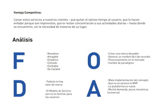 F O
D A
-Novedoso
-Amigable
-Empático
-Cómodo
-Conﬁable
-De Calidad
-Crear una marca deseable
-Generar un nombre fácil de recordar
-Posicionamiento en el mercado
-Cambio de paradigma
-Mala implementación del concepto
-Que no se alcance el MVP
-La plataforma es nueva
-Mucha demanda, pocos mecánicos
(viceversa)
-Todavía no hay
valor de marca
-El Modelo de Servicio
aún no es familiar para
los usuarios
Análisis
Ventaja Competitiva:
Llevar estos servicios a nuestros clientes - que quitan el valioso tiempo al usuario, que lo hacen
enfadar porque son imprevistos, que le restan concentración a sus actividades diarias – hasta donde
se encuentren, sin la necesidad de moverse de su lugar.
 
