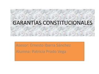 GARANTÍAS CONSTITUCIONALES

Asesor: Ernesto Ibarra Sánchez
Alumna: Patricia Prado Vega

 