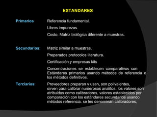 ESTANDARES Primarios :  Referencia fundamental.  Libres impurezas.  Costo. Matriz biológica diferente a muestras. Secundarios :  Matriz similar a muestras.  Preparados protocolos literatura.  Certificación y empresas kits Concentraciones se establecen comparativos con  Estándares primarios usando métodos de referencia o  los métodos definitivos. Terciarios :  Proveedores preparan y usan, son polivalentes, sirven para calibrar numerosos analitos, los valores son  atribuidos como calibradores, valores establecidos por  comparación con los estándares secundarios usando  métodos referencia. se les denominan calibradores,  