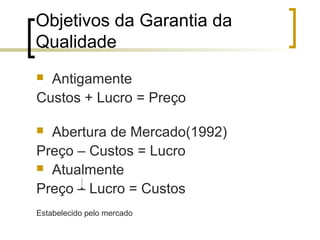 Objetivos da Garantia da
Qualidade
 Antigamente
Custos + Lucro = Preço

 Abertura de Mercado(1992)
Preço – Custos = Lucro
 Atualmente

Preço – Lucro = Custos
Estabelecido pelo mercado
 
