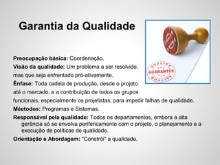 Garantia da Qualidade
Preocupação básica: Coordenação.
Visão da qualidade: Um problema a ser resolvido,
mas que seja enfrentado pró-ativamente.
Ênfase: Toda cadeia de produção, desde o projeto
até o mercado, e a contribuição de todos os grupos
funcionais, especialmente os projetistas, para impedir falhas de qualidade.
Méetodos: Programas e Sistemas.
Responsável pela qualidade: Todos os departamentos, embora a alta
gerência só se envolva perifericamente com o projeto, o planejamento e a
execução de políticas de qualidade.
Orientação e Abordagem: "Constrói" a qualidade.
 