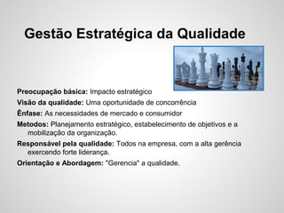 Gestão Estratégica da Qualidade
Preocupação básica: Impacto estratégico
Visão da qualidade: Uma oportunidade de concorrência
Ênfase: As necessidades de mercado e consumidor
Metodos: Planejamento estratégico, estabelecimento de objetivos e a
mobilização da organização.
Responsável pela qualidade: Todos na empresa, com a alta gerência
exercendo forte liderança.
Orientação e Abordagem: "Gerencia" a qualidade.
 