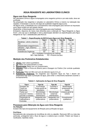 16
ÁGUA REAGENTE NO LABORATÓRIO CLÍNICO
Água com Grau Reagente
No Laboratório Clínico a água é empregada como reagente químico e por esta razão, deve ser
purificada.
Na preparação dos reagentes e soluções no Laboratório Clínico e mesmo na realização das
reações, é necessário o uso de uma água de qualidade reagente (água pura).
Há alguns anos, a Destilação era o procedimento mais empregado para remover as impurezas
que a água contém em seu estado natural.
Atualmente, a Deionização têm mais empregada para esta finalidade.
Entretanto, dispomos de meios mais eficientes para a obtenção de “Água Reagente ou Água
Pura”, uma vez que a destilação e nem a deionização atendem as especificações para Água
Reagente do Tipo I, estabelecidas pela NCCLS.
Tabela 1 – Especificações da NCCLS para Água com Grau Reagente
Tipo I Tipo IIa Tipo IIb Tipo III
Bactérias - ufc/mL (máximo) < 10 10 100 -----
PH ND ND NM 5,0 – 8,0
Resistividade (megaohm/cm) 10 1,0 1,0 0,1
Silicatos – mg/L (máximo) 0,05 0,1 0,1 1,0
Partículas < 0,2µm ND ND ND
Substâncias Orgânicas PZ ND ND ND
Ufc = Unidades Formadoras de Colônias
ND = Não Definido PZ = Próximo de Zero
Medição dos Parâmetros Estabelecidos
1- ufc/mL: Usar cultura quantitativa
2- pH: Medir com potenciômetro ou tiras
3- Resistividade: Medir com um condutivímetro
4- Silicatos: Fazer a Prova em Branco para a Dosagem do Fósforo (Ver controle qualidade
da Água)
5- Partículas: Filtrar em filtro com poro de diâmetro igual a 0,2 µm
6- Substâncias Orgânicas: Os reagentes que requerem Água do Tipo I devem ser
preparados logo após a produção da água, para evitar o crescimento bacteriano durante o
armazenamento.
Tabela 2 – Aplicações da Água de Grau Reagente
Tipo I Tipo IIa Tipo IIb Tipo III
Dosagem de
Traços de
Elementos
Enzimologia
Testes gerais de
laboratório
Corantes e
colorações
Bacteriologia
(preparação de
meios)
Testes que
requeiram máxima
precisão e exatidão
Microbiologia
(sistemas não
esterilizados)
Microbiologia
(sistemas
esterilizados)
Limpeza geral da
vidraria
Preparação de
Calibradores e
Controles
Reagentes sem
preservativos
Reagentes com
preservativos
Procedimentos
qualitativos
Processos para Obtenção da Água com Grau Reagente
FILTRAÇÃO
Existem três tipos de equipamento de filtração para purificação da água:
Pré-Filtros
Normalmente são compostos de microfibras de vidro ou algodão. Removem 98% ou mais das
partículas, protegendo todo o fluxo de água e o sistema que a contém. Podem ser limpos e
reutilizados, repetidas vezes.
 