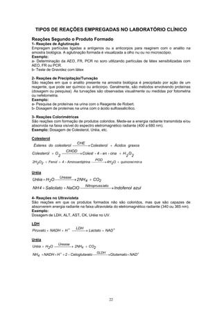 22
TIPOS DE REAÇÕES EMPREGADAS NO LABORATÓRIO CLÍNICO
Reações Segundo o Produto Formado
1- Reações de Aglutinação
Empregam partículas ligadas a antígenos ou a anticorpos para reagirem com o analito na
amostra biológica. A aglutinação formada é visualizada a olho nu ou no microscópio.
Exemplo:
a- Determinação da AEO, FR, PCR no soro utilizando partículas de látex sensibilizadas com
AEO, FR ou PCR.
b- Teste de Gravidez com látex
2- Reações de Precipitação/Turvação
São reações em que o analito presente na amostra biológica é precipitado por ação de um
reagente, que pode ser químico ou anticorpo. Geralmente, são métodos envolvendo proteínas
(dosagem ou pesquisa). As turvações são observadas visualmente ou medidas por fotometria
ou nefelometria.
Exemplo:
a- Pesquisa de proteínas na urina com o Reagente de Robert.
b- Dosagem de proteínas na urina com o ácido sulfossalicílico.
3- Reações Colorimétricas
São reações com formação de produtos coloridos. Mede-se a energia radiante transmitida e/ou
absorvida na faixa visível do espectro eletromagnético radiante (400 a 680 nm).
Exemplo: Dosagem de Colesterol, Uréia, etc.
Colesterol
graxosÁcidosColesterol
CHE
colesteroldoÉsteres + →
2
O
2
Hona-en-4-Colest
CHOD
2
OColesterol + →+
aminquinoneiO24H
POD
irinaAminoantip4Fenol2O22H + →−++
Uréia
24
Urease
2 CONH2OHUréia + →+
azulIndofenolNaClOSalicilato4NH
iatoNitropruss
 →++
4- Reações no Ultravioleta
São reações em que os produtos formados não são coloridos, mas que são capazes de
absorverem energia radiante na faixa ultravioleta do eletromagnético radiante (340 ou 365 nm).
Exemplo:
Dosagem de LDH, ALT, AST, CK, Uréia no UV.
LDH
++ →+++ NADLactato
LDH
HNADHPiruvato
Uréia
2CO2NH
Urease
O2HUréia 4 + →+
++
+ →−+++ NADGlutamatoatoCetoglutar2HNADHNH
GLDH
4
 