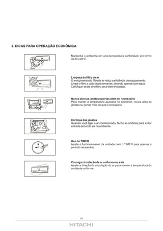 2. DICAS PARA OPERAÇÃO ECONÔMICA

                             Mantenha o ambiente em uma temperatura confortável, em tormo
                             de 24 a 26°C.




                             Limpeza do filtro de ar
                             O entupimento do filtro de ar reduz a eficiência do equipamento.
                             Limpe o filtro a cada duas semanas, lavando apenas com água.
                             Certifique-se de ter o filtro de ar bem instalado.



                             Nunca abra as janelas e portas além do necessário
                             Para manter a temperatura ajustada no ambiente, nunca abra as
                             janelas ou portas mais do que o necessário.




                             Cortinas das janelas
                             Quando você ligar o ar condicionado, feche as cortinas para evitar
                             entrada de luz do sol no ambiente.




                             Uso do TIMER
                             Ajuste o funcionamento da unidade com o TIMER para apenas o
                             período necessário.




                             Consiga circulação de ar uniforme na sala
                             Ajuste a direção da circulação do ar para manter a temperatura do
                             ambiente uniforme.




                                    05
 