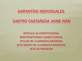 GARANTÍAS INDIVIDUALES
CASTRO CASTAÑEDA JAIME IVAN
ARTICULO 14 CONSTITUCIONAL
IRRETROACTIVIDAD CONSTITUCIONAL
TITULAR DE LA GARANTIA INDIVIDUAL
ACTO OBJETO DE LA GARANTIA INDIVIDUAL
ACTO DE PRIVACION

 