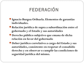 FEDERACIÓN
Ignacio Burgoa Orihuela. Elementos de garantías
individuales.
Relación jurídica de supra a subordinación entre el
gobernado y el Estado y sus autoridades
Derecho público subjetivo que emana de dicha
relación en favor del gobernado
Deber jurídico correlativo a cargo del Estado y sus
autoridades, consistente en respetar el consabido
derecho y en observar o cumplir las condiciones de
seguridad jurídica del mismo.
 