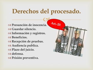 Derechos del procesado.


 Presunción de inocencia.
 Guardar silencio.
 Información y registros.
 Beneficios.
 Recepción de pruebas.
 Audiencia publica.
 Plazo del juicio.
 defensa.
 Prisión preventiva.

 