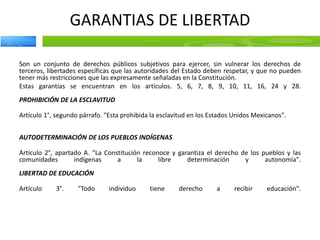 GARANTIAS DE LIBERTAD
Son un conjunto de derechos públicos subjetivos para ejercer, sin vulnerar los derechos de
terceros, libertades específicas que las autoridades del Estado deben respetar, y que no pueden
tener más restricciones que las expresamente señaladas en la Constitución.
Estas garantías se encuentran en los artículos. 5, 6, 7, 8, 9, 10, 11, 16, 24 y 28.
PROHIBICIÓN DE LA ESCLAVITUD
Artículo 1°, segundo párrafo. "Esta prohibida la esclavitud en los Estados Unidos Mexicanos".
AUTODETERMINACIÓN DE LOS PUEBLOS INDÍGENAS
Artículo 2°, apartado A. "La Constitución reconoce y garantiza el derecho de los pueblos y las
comunidades indígenas a la libre determinación y autonomía".
LIBERTAD DE EDUCACIÓN
Artículo 3°. "Todo individuo tiene derecho a recibir educación".
 
