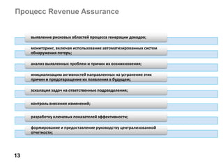 Процесс Revenue Assurance
13
выявление рисковых областей процесса генерации доходов;
мониторинг, включая использование автоматизированных систем
обнаружения потерь;
анализ выявленных проблем и причин их возникновения;
инициализацию активностей направленных на устранение этих
причин и предотвращение их появления в будущем;
эскалация задач на ответственные подразделения;
контроль внесения изменений;
разработку ключевых показателей эффективности;
формирование и предоставление руководству централизованной
отчетности;
 