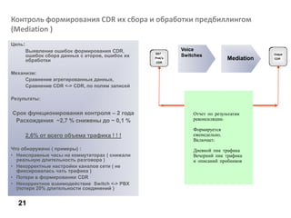 21
Mediation
SS7
Prob’s
CDR
Output
CDR
Отчет по результатам
реконсиляции:
Формируется
еженедельно,
Включает:
Дневной пик трафика
Вечерний пик трафика
и описаний пробников
Цель:
Выявление ошибок формирования CDR,
ошибок сбора данных с аторов, ошибок их
обработки
Механизм:
Сравнение агрегированных данных,
Сравнение CDR <-> CDR, по полям записей
Результаты:
Срок функционирования контроля – 2 года
Расхождения ~2,7 % снижены до ~ 0,1 %
2,6% от всего объема трафика ! ! !
Что обнаружено ( примеры) :
• Неисправные часы на коммутаторах ( снижали
реальную длительность разговора )
• Некорректные настройки каналов сети ( не
фиксировалась чать трафика )
• Потери в формировании CDR
• Некорректное взаимодействие Switch <-> PBX
(потеря 20% длительности соединений )
Voice
Switches
Контроль формирования СDR их сбора и обработки предбиллингом
(Mediation )
 