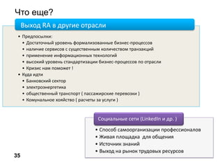 Что еще?
• Способ самоорганизации профессионалов
• Живая площадка для общения
• Источник знаний
• Выход на рынок трудовых ресурсов
Социальные сети (LinkedIn и др. )
35
• Предпосылки:
• Достаточный уровень формализованные бизнес-процессов
• наличие сервисов с существенным количеством транзакций
• применение информационных технологий
• высокий уровень стандартизации бизнес-процессов по отрасли
• Кризис нам поможет !
• Куда идти
• Банковский сектор
• электроэнергетика
• общественный транспорт ( пассажирские перевозки )
• Комунальное хояйство ( расчеты за услуги )
Выход RA в другие отрасли
 
