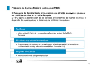Programa de Cambio Social e Innovación (PSCI)!
El Programa de Cambio Social e Innovación está dirigido a apoyar el empleo y
las políticas sociales en la Unión Europea!
El PSCI apoya la coordinación de las políticas, el intercambio de buenas prácticas, el
desarrollo de capacidades y el desarrollo de políticas innovadoras!
•  Intermediación laboral y promoción del empleo a nivel de la Unión
Europea!
Red Eures!
•  Programa de microﬁnanzas para el apoyo a las intermediarios ﬁnancieros
(asistencia técnica) y a los emprendedores (ﬁnanciación)!
Microﬁnanzas y apoyo al emprendizaje!
•  Innovación Social y experimentación !
Programa PROGRESS!
10!
 