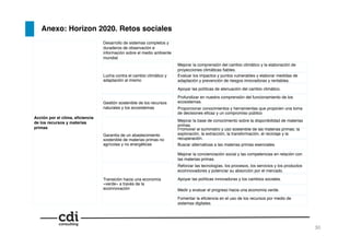 30!
Anexo: Horizon 2020. Retos sociales!
Acción por el clima, eﬁciencia
de los recursos y materias
primas!
Garantía de un abastecimiento
sostenible de materias primas no
agrícolas y no energéticas !
Apoyar las políticas innovadoras y los cambios sociales.!
Reforzar las tecnologías, los procesos, los servicios y los productos
ecoinnovadores y potenciar su absorción por el mercado.!
Mejorar la concienciación social y las competencias en relación con
las materias primas.!
Gestión sostenible de los recursos
naturales y los ecosistemas!
Buscar alternativas a las materias primas esenciales.!
Promover el suministro y uso sostenible de las materias primas; la
exploración, la extracción, la transformación, el reciclaje y la
recuperación. !
Mejorar la base de conocimiento sobre la disponibilidad de materias
primas.!
Proporcionar conocimientos y herramientas que propicien una toma
de decisiones eﬁcaz y un compromiso público !
Lucha contra el cambio climático y
adaptación al mismo !
Profundizar en nuestra comprensión del funcionamiento de los
ecosistemas.!
Apoyar las políticas de atenuación del cambio climático.!
Evaluar los impactos y puntos vulnerables y elaborar medidas de
adaptación y prevención de riesgos innovadoras y rentables.!
Mejorar la comprensión del cambio climático y la elaboración de
proyecciones climáticas ﬁables.!
Desarrollo de sistemas completos y
duraderos de observación e
información sobre el medio ambiente
mundial!
Transición hacia una economía
«verde» a través de la
ecoinnovación !
Fomentar la eﬁciencia en el uso de los recursos por medio de
sistemas digitales.!
Medir y evaluar el progreso hacia una economía verde.!
 