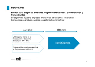 Horizon 2020 integra los anteriores Programas Marco de I+D y de Innovación y
Competitividad!
Su objetivo es ayudar a empresas innovadoras a transformar sus avances
tecnológicos en productos viables con potencial comercial real!
Horizon 2020!
2007-2013! 2014-2020!
VII Programa Marco de la
Investigación y Desarrollo
Tecnológico 2007-2013!
Programa Marco de la Innovación y
la Competitividad 2007-2013!
HORIZON 2020!
4!
 