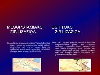 MESOPOTAMIAKO                                           EGIPTOKO
 ZIBILIZAZIOA                                            ZIBILIZAZIOA

Mesopotamia, antzinako greziarrek Tigris eta Eufrates   3000 urtez, Niloren ertzetan historiako zibilizazio
   ibaien arteko lur emankorreko zatiari deitzen           ikusgarrienetakoa        garatu  zen,    Faraoien
   zioten. Ibai biak elkarren parean doaz eta              Erresumak. Egiptoarrek tenplu erraldoiak eta
   udaberrian, urtero-urtero, Armeniako mendietako         hilobi eraikin ikaragarriak eraiki zituzten, non
   elurrak urtzean, emaria handitzen dute.                 faraoiak goraipatzen zituzten. Bertan idazkera
                                                           sortu zen, hieroglifo izeneko ideogramak, eta
                                                           gizateria historiaurretik atera.
 
