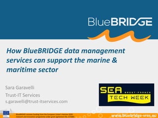 BlueBRIDGE receives funding from the European Union’s Horizon 2020
research and innovation programme under grant agreement No. 675680 www.bluebridge-vres.eu
How BlueBRIDGE data management
services can support the marine &
maritime sector
Sara Garavelli
Trust-IT Services
s.garavelli@trust-itservices.com
 