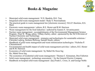 Books & Magazine Municipal solid waste management / N.N. Bandela, D.G. Tare  Integrated solid waste management model / Rudy S. Prawiradinata  The practical guide to waste management law [electronic resource] / R.G.P. Hawkins, H.S. Shaw Electronic waste management / editors, R.E. Hester and R.M. Harrison Waste management for the food industries / authored by Ioannis S. Arvanitoyannis  Nuclear waste management : accomplishments of the Environmental Management Science Program / Paul W. Wang, editor, Tiffany Zachry, editor ; sponsored by the ACS Division of Nuclear Chemistry and Technology Municipal solid waste management : strategies and technologies for sustainable solutions / Christian Ludwig, Stefanie Hellweg, Samuel Stucki, editors Handbook of solid waste management and waste minimization technologies / Nicholas P. Cheremisinoff Environmental and health impact of solid waste management activities / editors, R.E. Hester and R.M. Harrison Economics of solid waste management / by Mabel Ho Swee Ing  Ho, Mabel Swee Ing.  The economics of residential solid waste management / Thomas C. Kinnaman, Don Fullerton  Solid waste management : technology assessment / / by the General Electric Company  Handbook on hospital solid waste management / [by] Frank L. Cross, Jr. and George Noble  