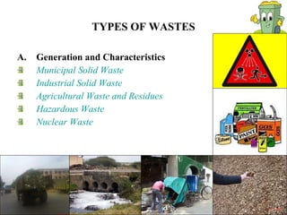 TYPES OF WASTES Generation and Characteristics Municipal Solid Waste Industrial Solid Waste Agricultural Waste and Residues Hazardous Waste Nuclear Waste 