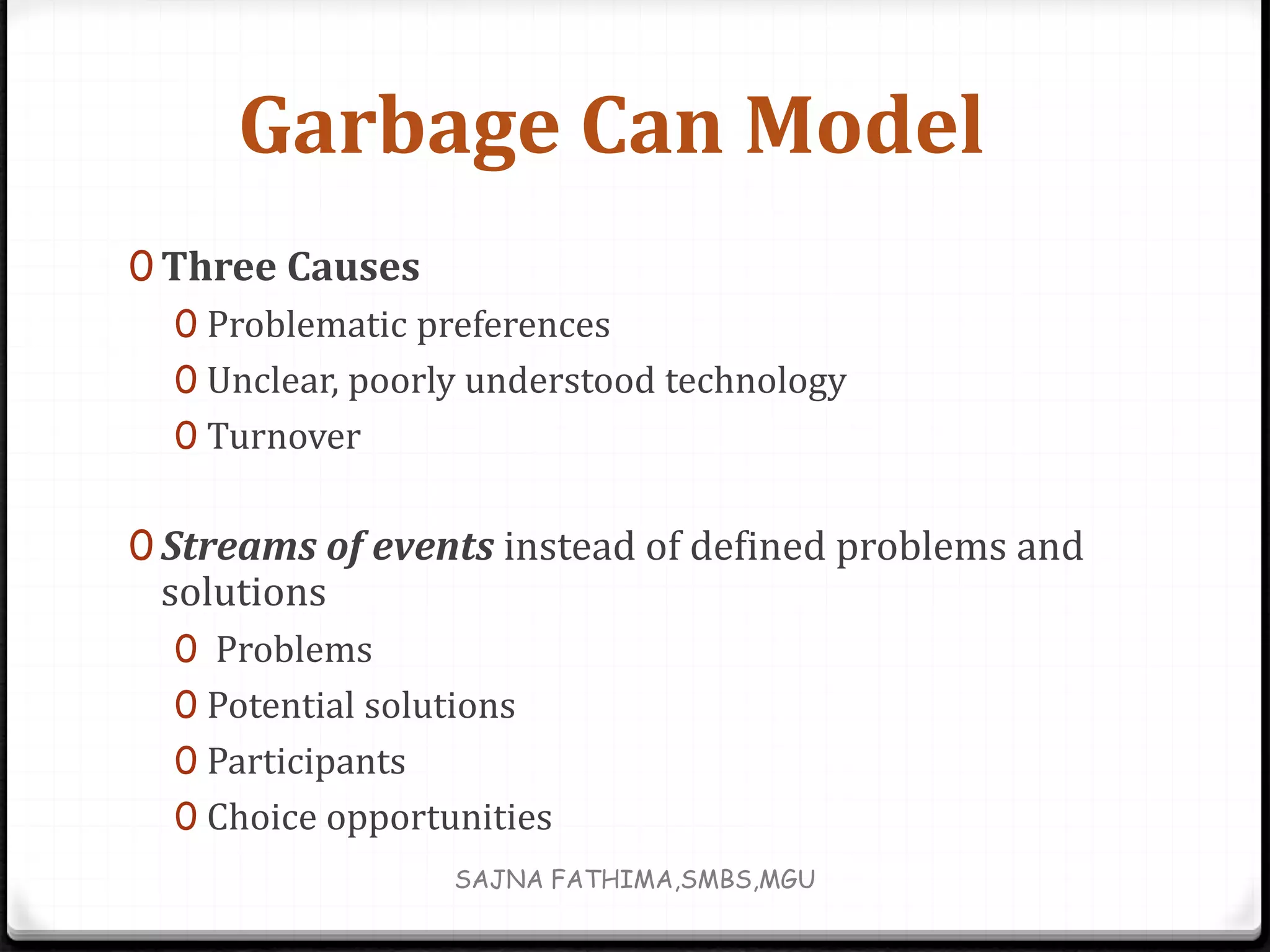 Garbage Can Model
0 Three Causes
0 Problematic preferences
0 Unclear, poorly understood technology
0 Turnover
0 Streams of events instead of defined problems and
solutions
0 Problems
0 Potential solutions
0 Participants
0 Choice opportunities
SAJNA FATHIMA,SMBS,MGU
 