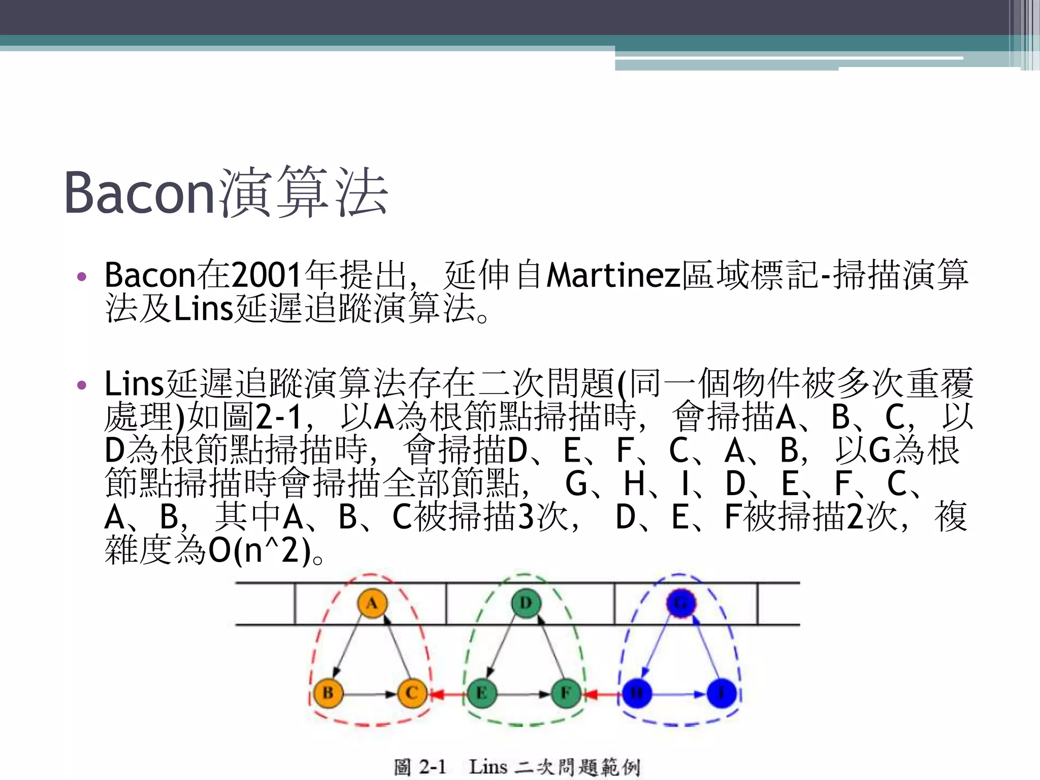 Bacon演算法Bacon在2001年提出，延伸自Martinez區域標記-掃描演算法及Lins延遲追蹤演算法。Lins延遲追蹤演算法存在二次問題(同一個物件被多次重覆處理)如圖2-1，以A為根節點掃描時，會掃描A、B、C，以D為根節點掃描時，會掃描D、E、F、C、A、B，以G為根節點掃描時會掃描全部節點，G、H、I、D、E、F、C、A、B，其中A、B、C被掃描3次， D、E、F被掃描2次，複雜度為O(n^2)。