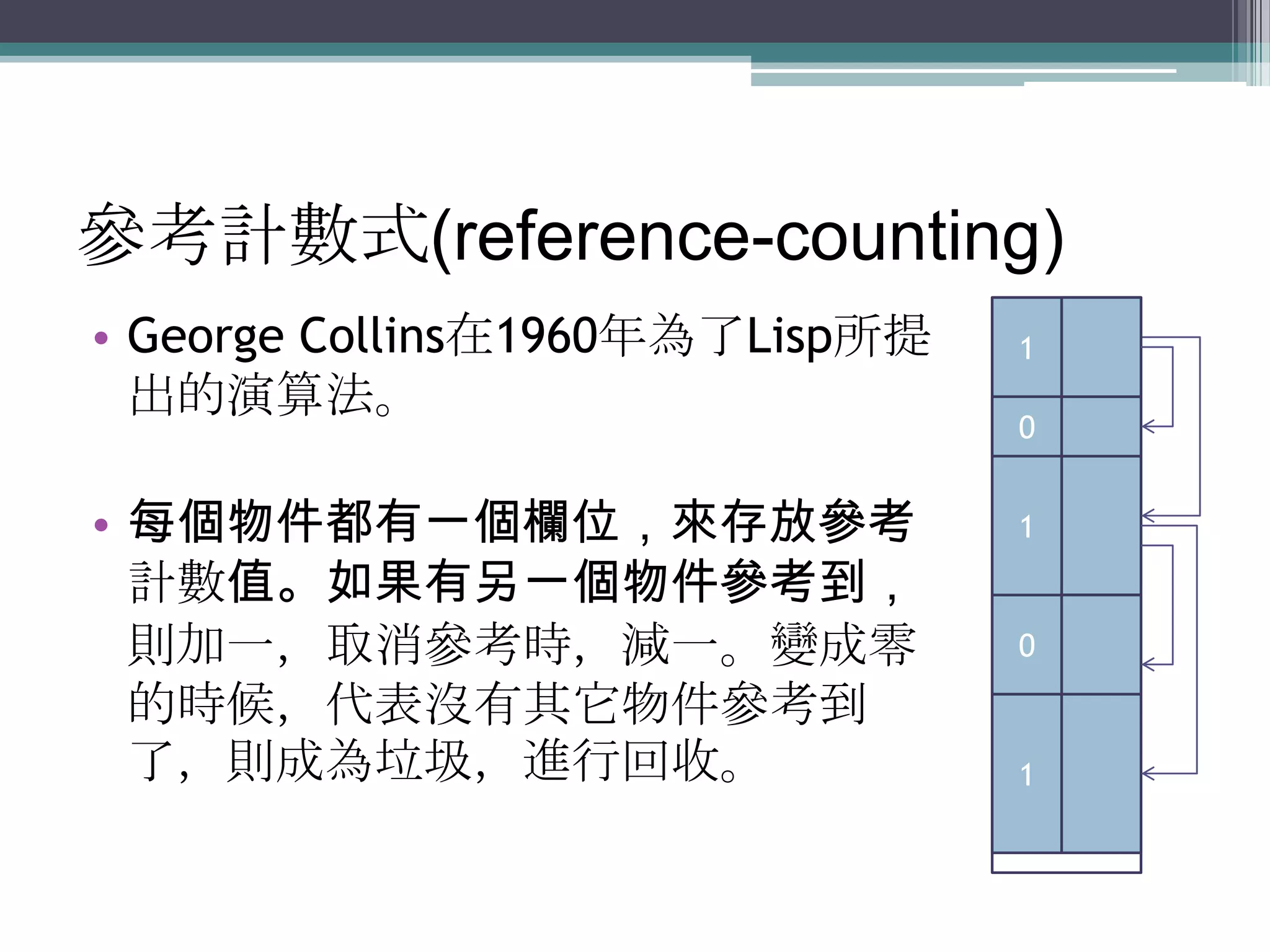 參考計數式(reference-counting)George Collins在1960年為了Lisp所提出的演算法。每個物件都有一個欄位，來存放參考計數值。如果有另一個物件參考到，則加一，取消參考時，減一。變成零的時候，代表沒有其它物件參考到了，則成為垃圾，進行回收。1101101
