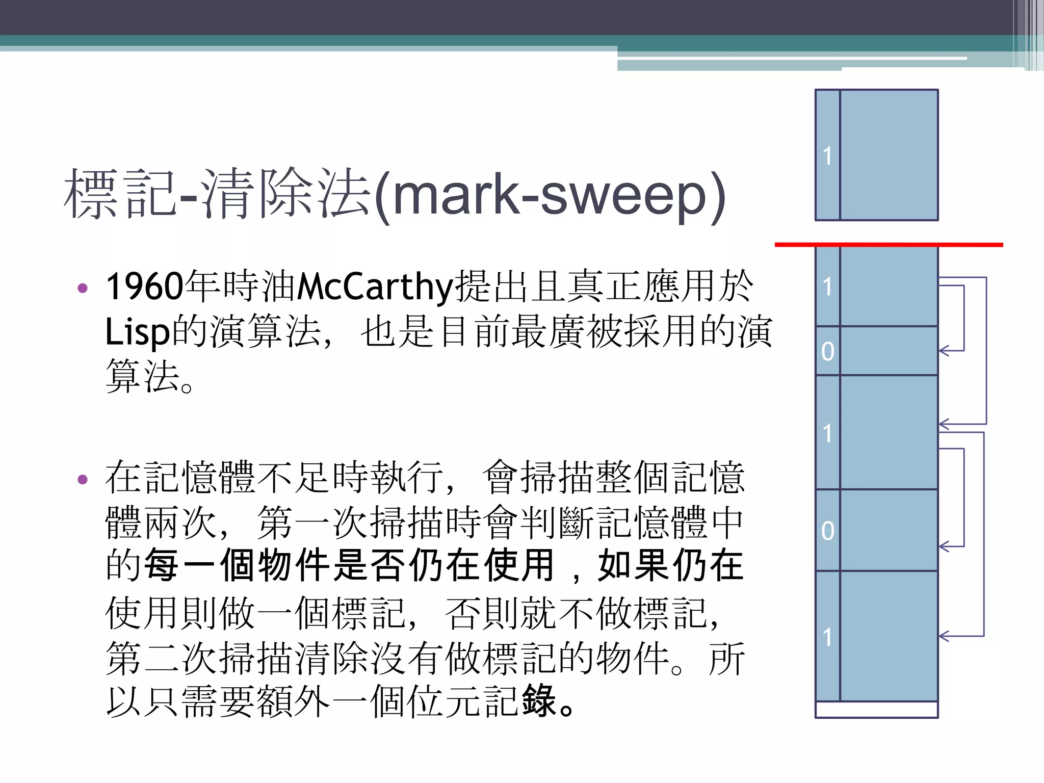 標記-清除法(mark-sweep)1011960年時油McCarthy提出且真正應用於Lisp的演算法，也是目前最廣被採用的演算法。在記憶體不足時執行，會掃描整個記憶體兩次，第一次掃描時會判斷記憶體中的每一個物件是否仍在使用，如果仍在使用則做一個標記，否則就不做標記，第二次掃描清除沒有做標記的物件。所以只需要額外一個位元記錄。001001