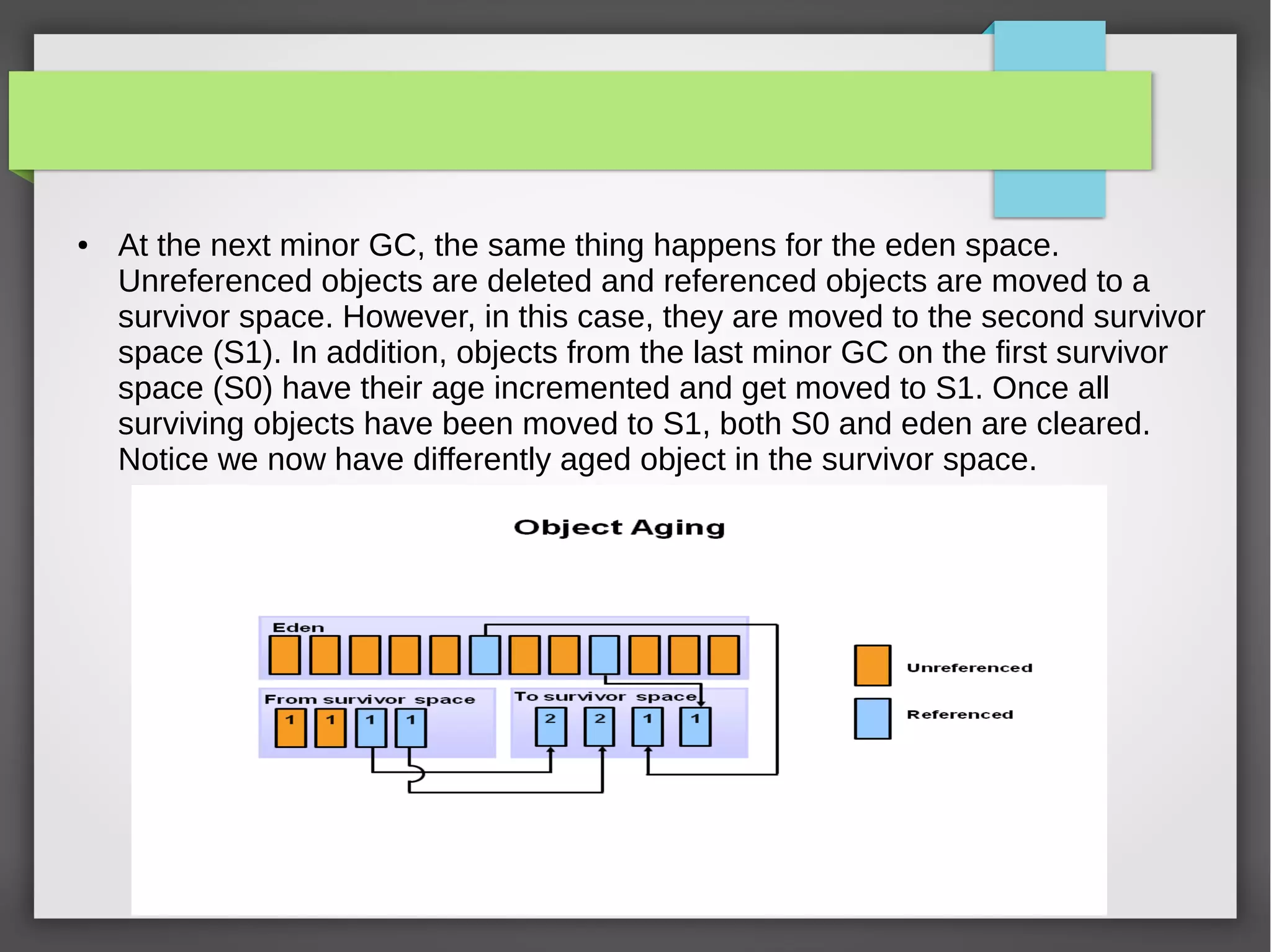 ● At the next minor GC, the same thing happens for the eden space.
Unreferenced objects are deleted and referenced objects are moved to a
survivor space. However, in this case, they are moved to the second survivor
space (S1). In addition, objects from the last minor GC on the first survivor
space (S0) have their age incremented and get moved to S1. Once all
surviving objects have been moved to S1, both S0 and eden are cleared.
Notice we now have differently aged object in the survivor space.
 