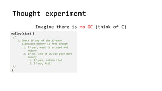 Thought experiment
Imagine there is no GC (think of C)
malloc(size) {
/*
1. Check if any of the already
allocated memory is free enough
1. If yes, mark it as used and
return
2. If no, see if OS can give more
memory
1. If yes, return that
2. If no, fail
*/
}
 
