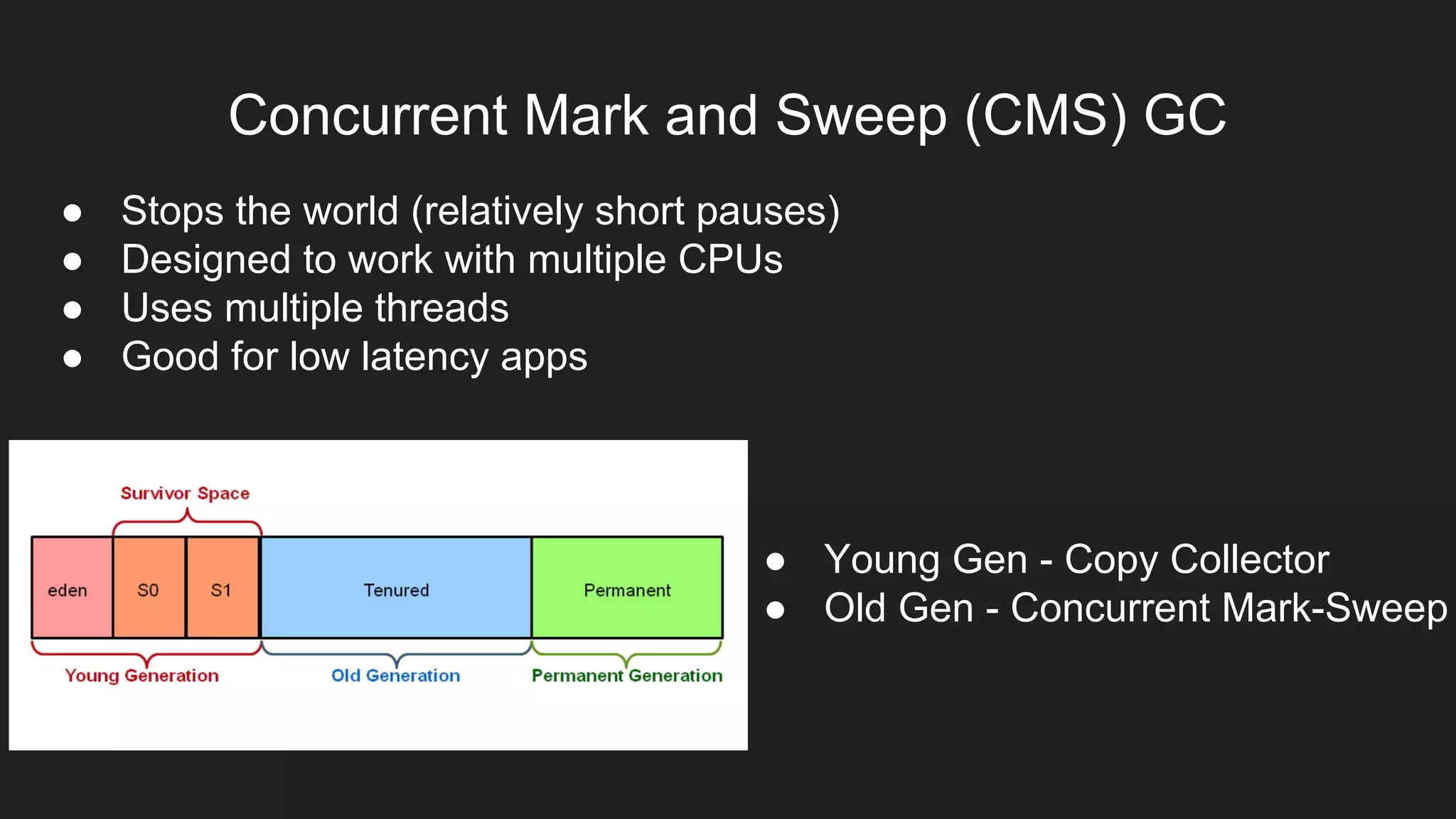 Concurrent Mark and Sweep (CMS) GC
● Stops the world (relatively short pauses)
● Designed to work with multiple CPUs
● Uses multiple threads
● Good for low latency apps
● Young Gen - Copy Collector
● Old Gen - Concurrent Mark-Sweep
 